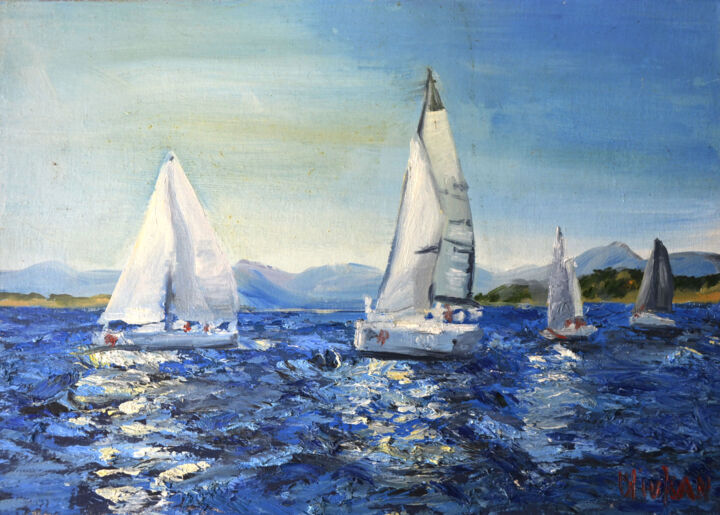 Painting titled "Sailboat Seascape A…" by Olivkan Art, Original Artwork, Oil Mounted on Wood Panel