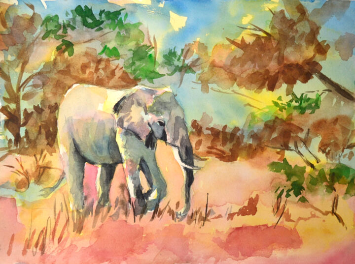 Painting titled "Elephant Watercolor…" by Olivkan Art, Original Artwork, Watercolor