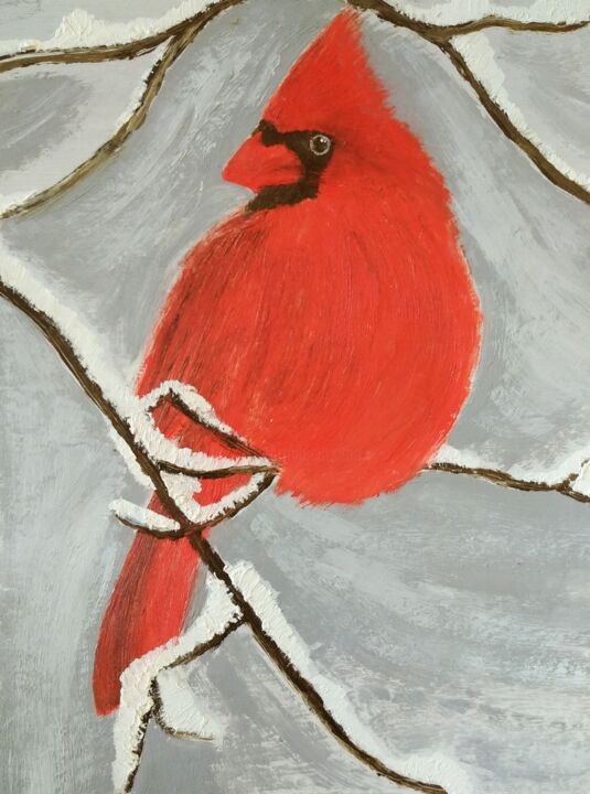 Painting titled "Red bird" by Viktoriia Gorn, Original Artwork, Oil