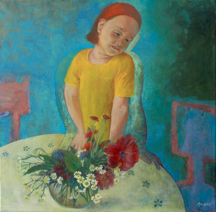 Painting titled "In the yellow T-shi…" by Oxana Antonenko, Original Artwork, Oil Mounted on Wood Stretcher frame