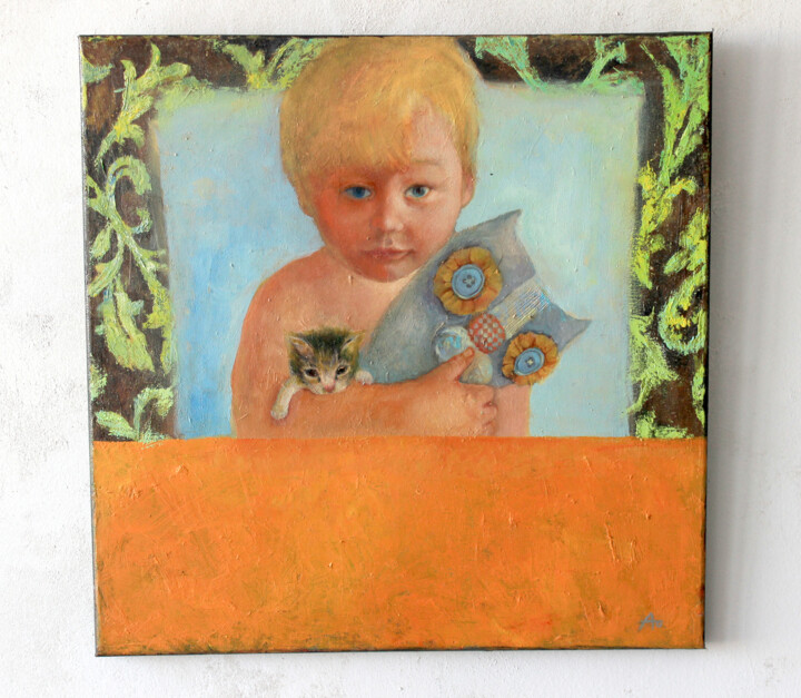 Painting titled "Cat lover" by Oxana Antonenko, Original Artwork, Oil Mounted on Wood Stretcher frame