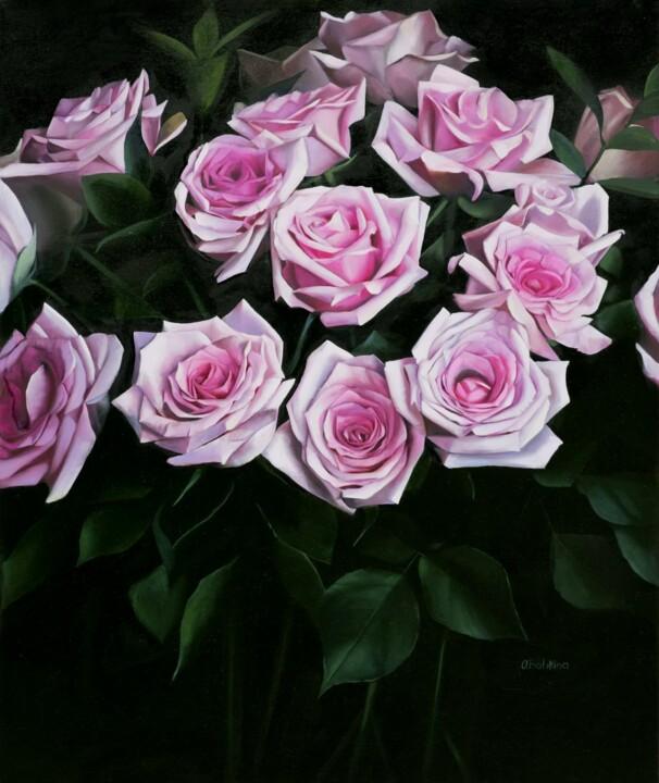 Schilderij getiteld "Pink Roses #2" door Oxana Babkina, Origineel Kunstwerk, Olie