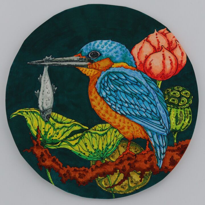 Dessin intitulée "Bird kingfisher 2" par Oxana Kondratenko, Œuvre d'art originale, Marqueur