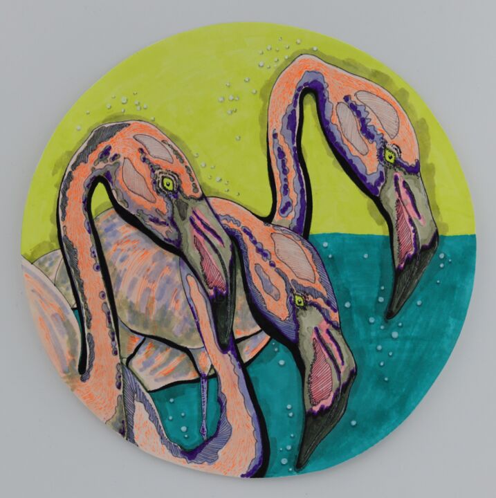 Desenho intitulada "Flamingo neon" por Oxana Kondratenko, Obras de arte originais, Marcador