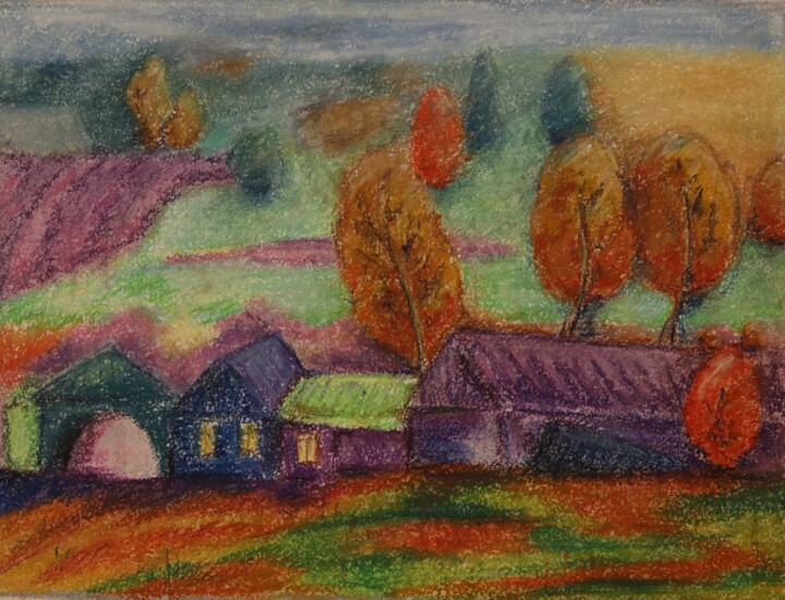 Drawing titled "Village" by Oxana Kondratenko, Original Artwork, Pastel