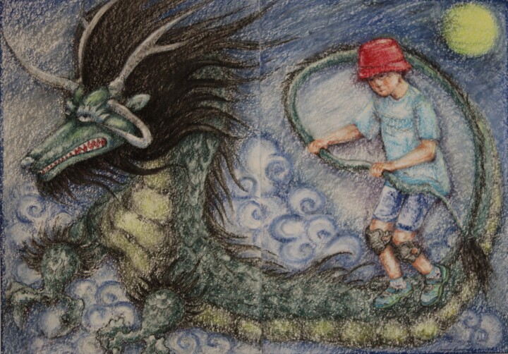 Dessin intitulée "tame the dragon" par Oxana Kondratenko, Œuvre d'art originale, Pastel
