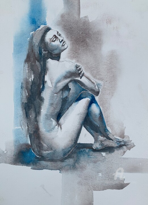 Painting titled "“Blue silence”" by Oxana Luky, Original Artwork, Watercolor