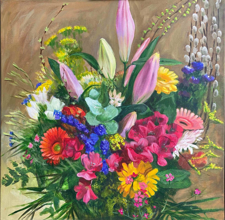 Painting titled "Bouquet of flowers…" by Oksana Dem-Art, Original Artwork, Acrylic