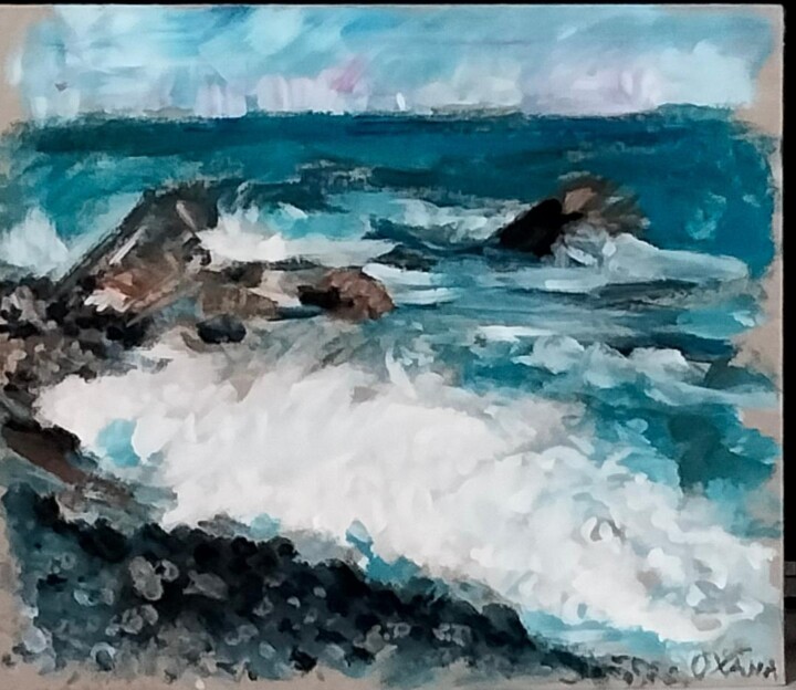 Peinture intitulée "Mare e rocce" par Oxana Sakharzeva, Œuvre d'art originale, Acrylique Monté sur Carton