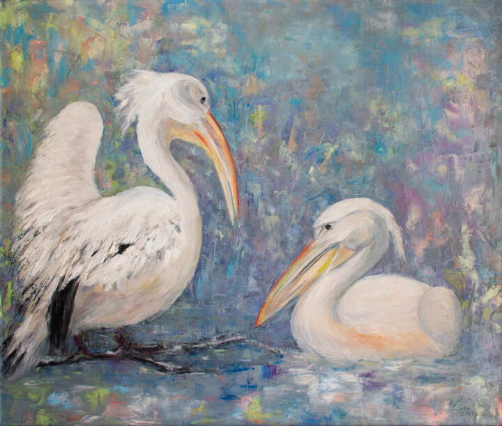 Painting titled "Pelicans" by Oxana Shimanchuk, Original Artwork, Oil Mounted on Wood Stretcher frame