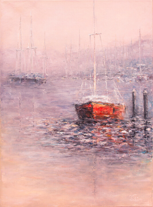 Painting titled "Fog at Dawn" by Oxana Shimanchuk, Original Artwork, Oil Mounted on Wood Stretcher frame