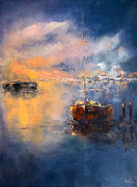 Painting titled "Sailboats at nightf…" by Oxana Shimanchuk, Original Artwork, Oil Mounted on Wood Stretcher frame