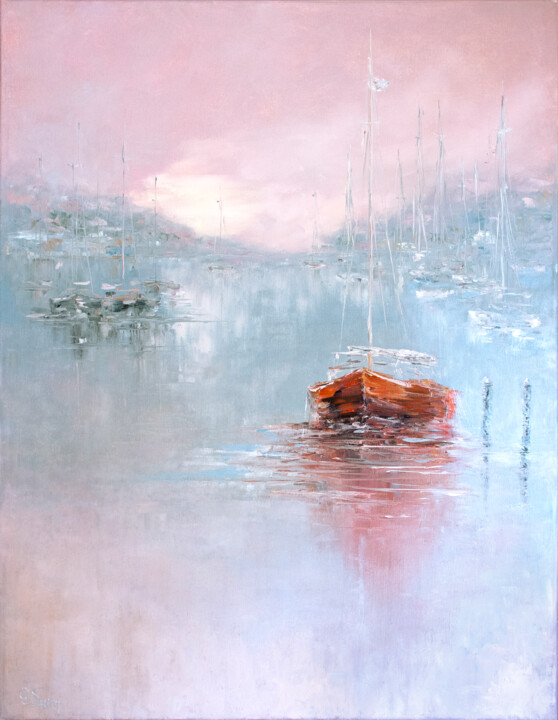 Pintura titulada "Sailboats in the mi…" por Oxana Shimanchuk, Obra de arte original, Oleo Montado en Bastidor de camilla de…