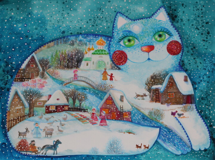 Painting titled "Winter cat" by Oxana Zaika, Original Artwork, Watercolor