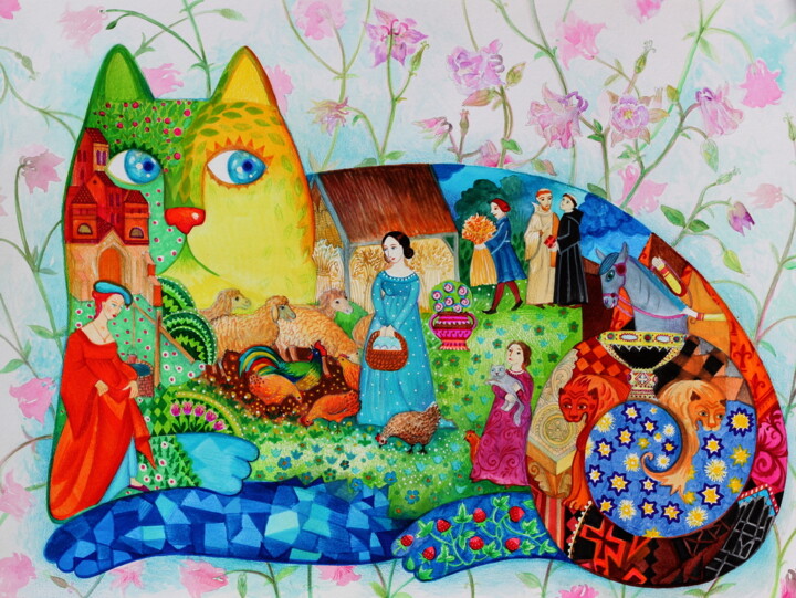 Malerei mit dem Titel "Chat médiéval" von Oxana Zaika, Original-Kunstwerk, Aquarell