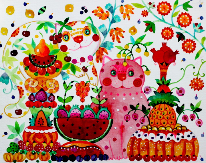 Painting titled "fruits et chats" by Oxana Zaika, Original Artwork, Watercolor