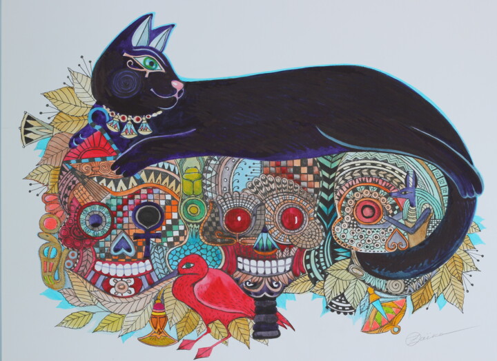 제목이 "Chat noir égyptien"인 미술작품 Oxana Zaika로, 원작, 잉크