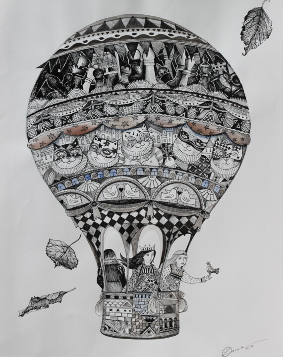 Painting titled "montgolfière" by Oxana Zaika, Original Artwork, Ink