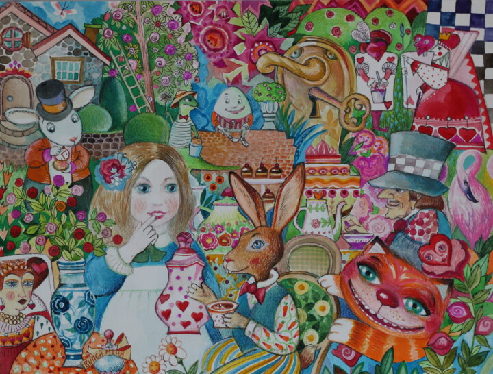 Peinture intitulée "Alice au pays des m…" par Oxana Zaika, Œuvre d'art originale, Encre