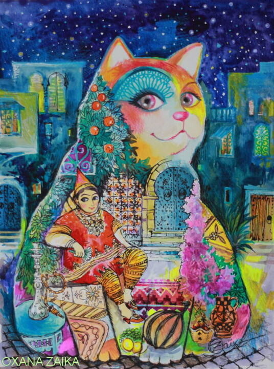Malarstwo zatytułowany „Tunisie chat” autorstwa Oxana Zaika, Oryginalna praca, Atrament