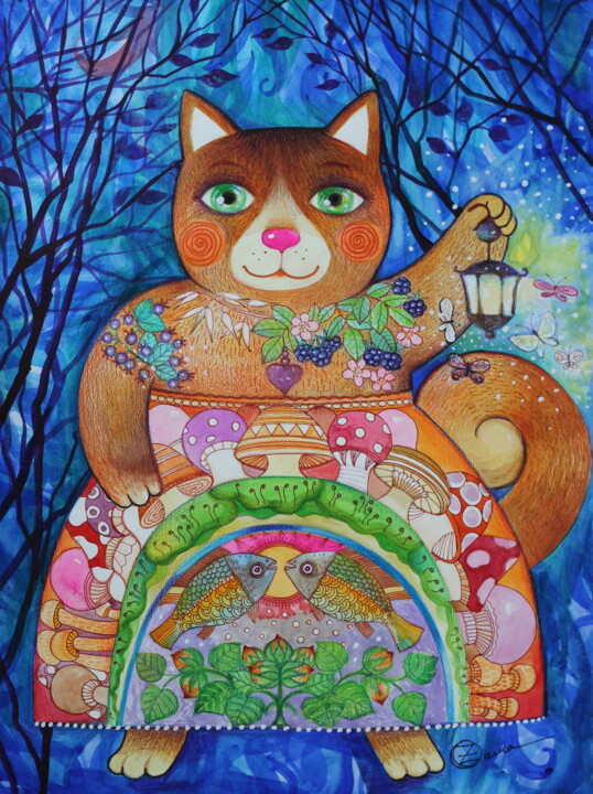 Peinture intitulée "Chat forestier" par Oxana Zaika, Œuvre d'art originale, Aquarelle