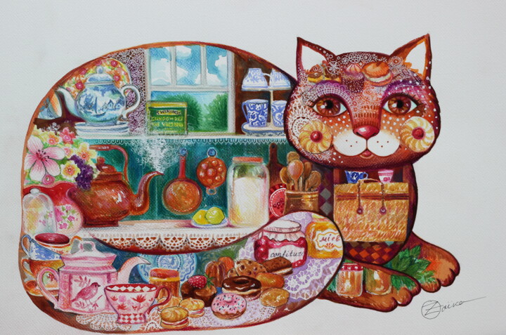 Painting titled "Nature morte et chat" by Oxana Zaika, Original Artwork, Watercolor