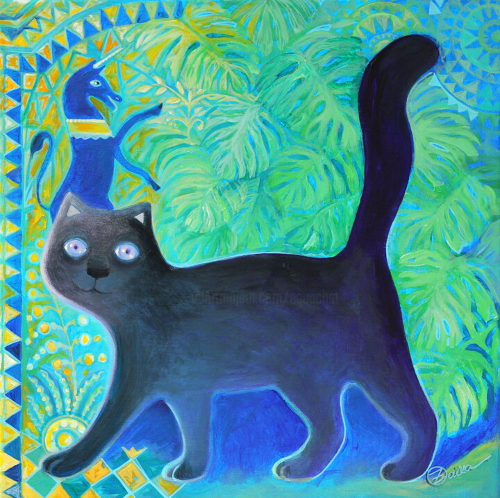 Painting titled "Chat noire1" by Oxana Zaika, Original Artwork, Acrylic