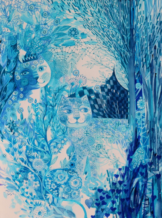 「indigo chats」というタイトルの絵画 Oxana Zaikaによって, オリジナルのアートワーク, 水彩画
