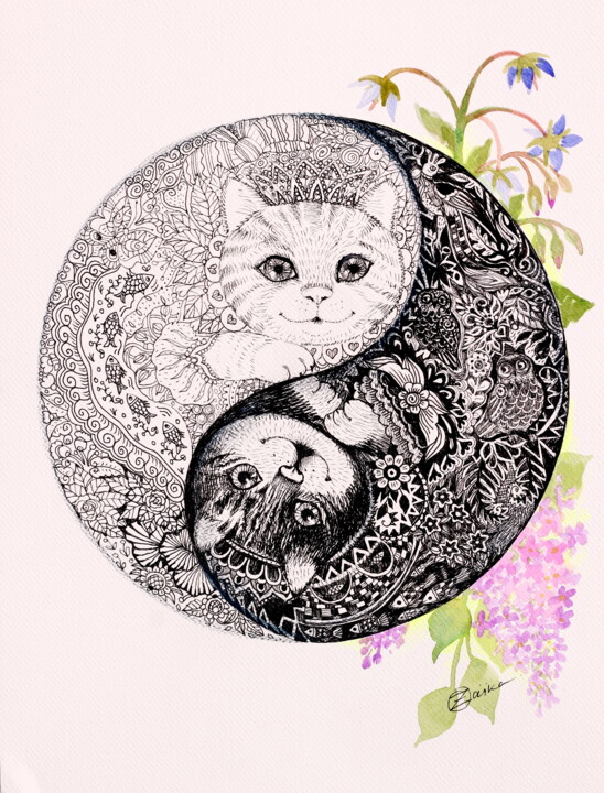 Peinture intitulée "Yin Yang chats" par Oxana Zaika, Œuvre d'art originale, Encre