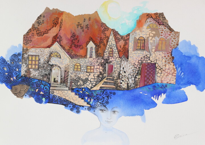 Collages intitulée "maisonnette" par Oxana Zaika, Œuvre d'art originale, Aquarelle