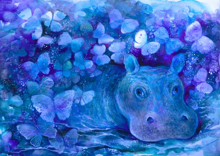 「Blue Hippo」というタイトルの絵画 Oxana Zaikaによって, オリジナルのアートワーク, 水彩画