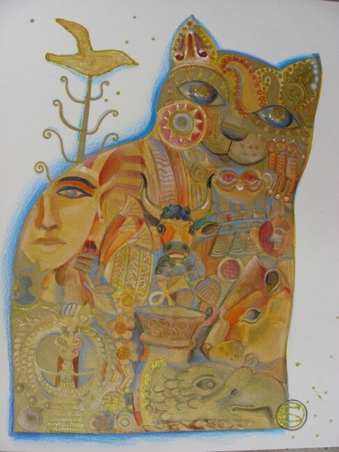 Painting titled "CHAT D'OR" by Oxana Zaika, Original Artwork
