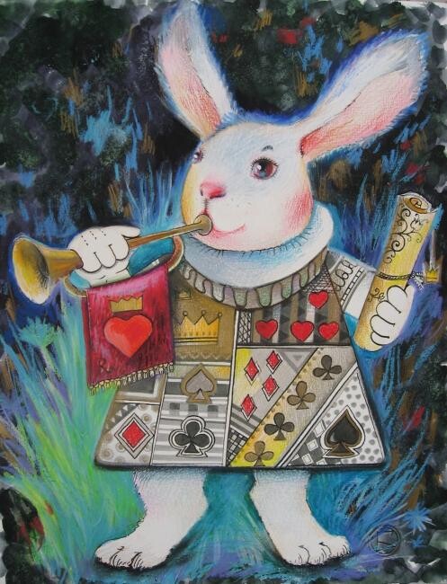 Peinture intitulée "LAPIN BLANC/Alice a…" par Oxana Zaika, Œuvre d'art originale