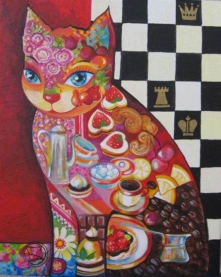 Painting titled "CHAT *à table !*" by Oxana Zaika, Original Artwork