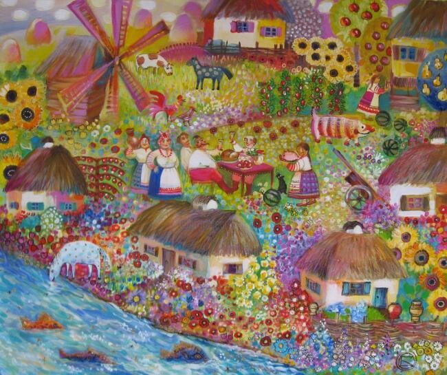 Peinture intitulée "Village***" par Oxana Zaika, Œuvre d'art originale