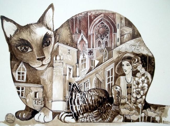 Painting titled "Sepia chat" by Oxana Zaika, Original Artwork, Oil