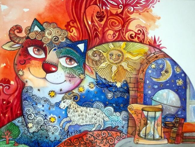 Peinture intitulée "Bélier**chat**" par Oxana Zaika, Œuvre d'art originale
