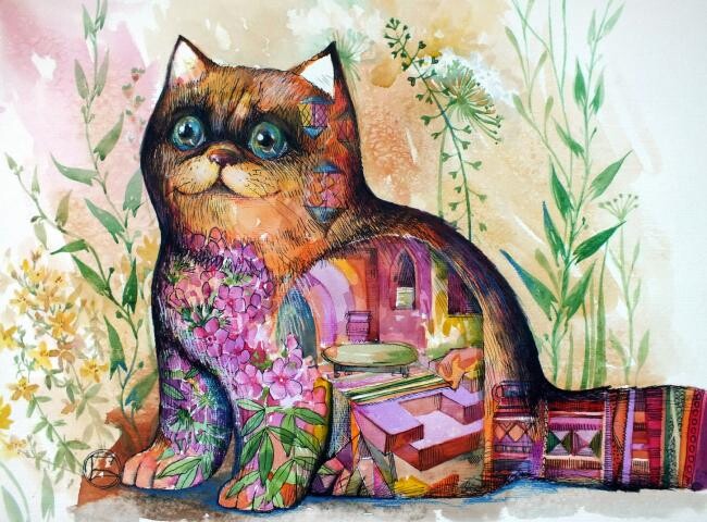 Peinture intitulée "Chat florales" par Oxana Zaika, Œuvre d'art originale