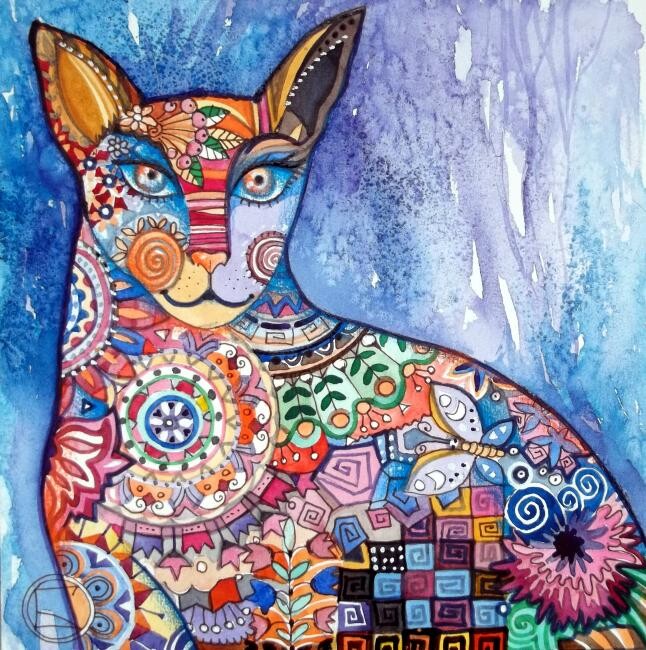 Painting titled "chat mandala" by Oxana Zaika, Original Artwork