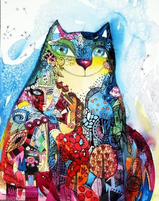 Peinture intitulée "Chat masque" par Oxana Zaika, Œuvre d'art originale
