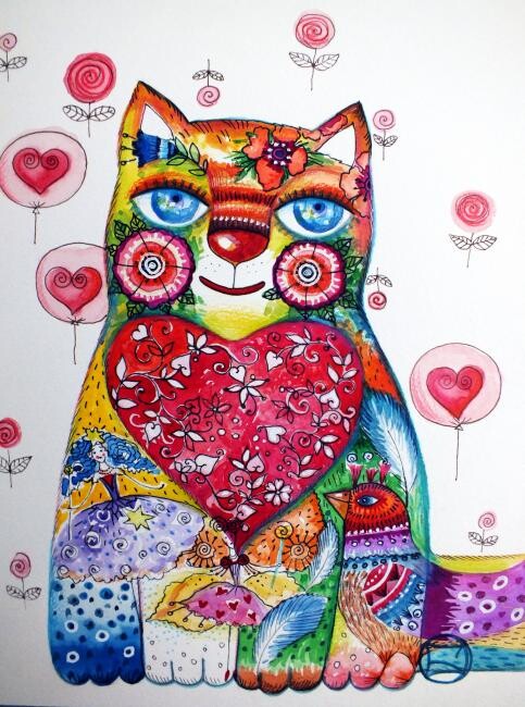Peinture intitulée "coeur  de chat" par Oxana Zaika, Œuvre d'art originale