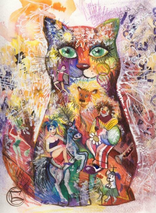 Painting titled "CHAT cirque" by Oxana Zaika, Original Artwork