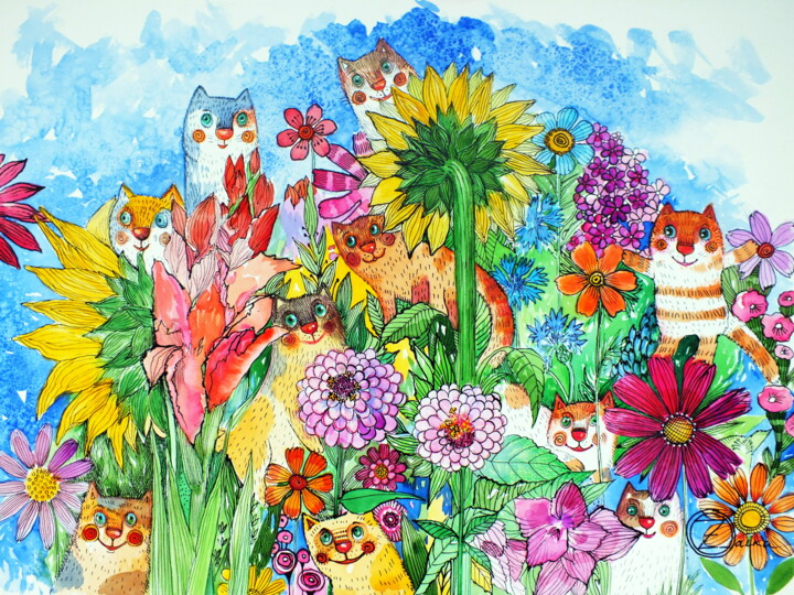 제목이 "summer, flowers, ca…"인 미술작품 Oxana Zaika로, 원작, 기름