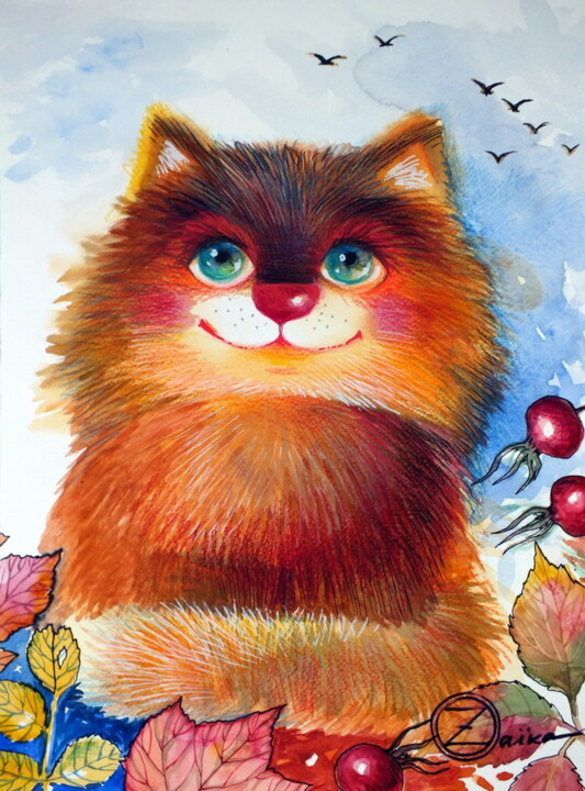 Painting titled "chat Rouge" by Oxana Zaika, Original Artwork