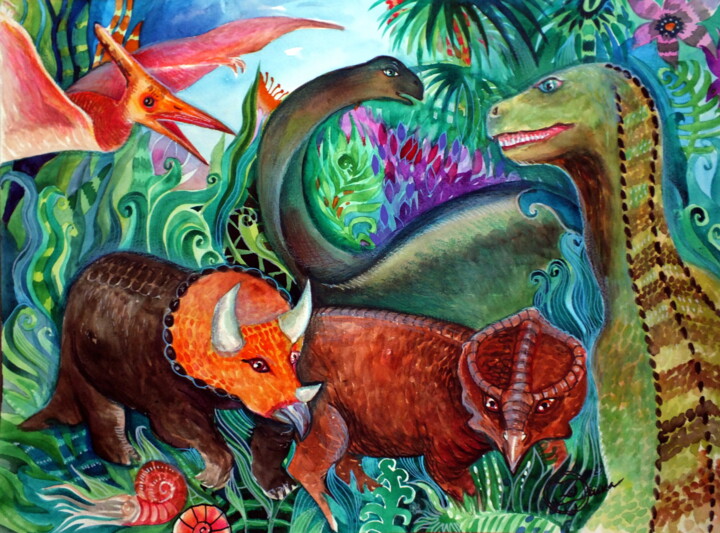 Schilderij getiteld "Dinosaures" door Oxana Zaika, Origineel Kunstwerk, Olie