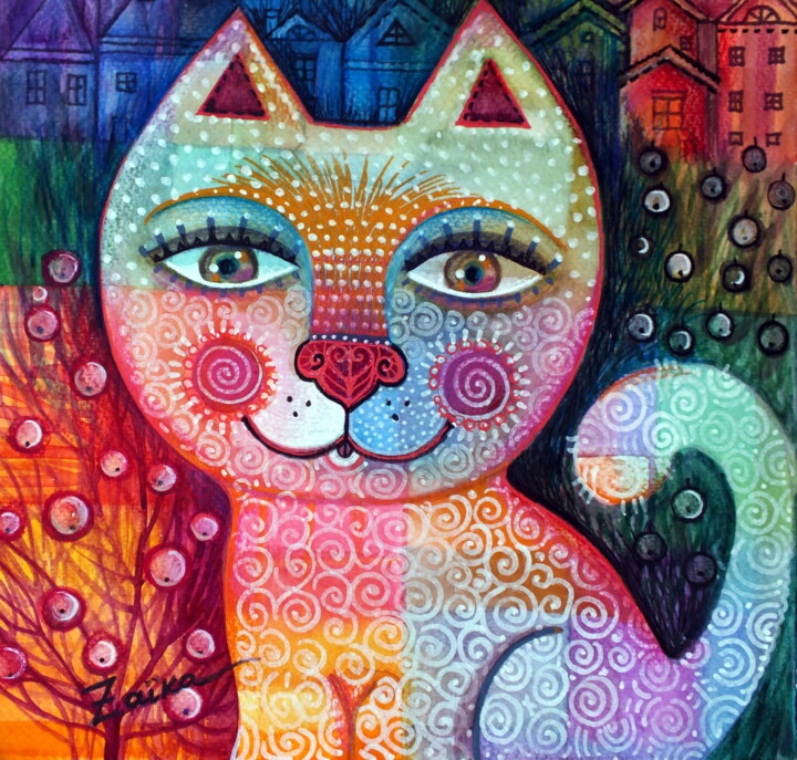 Peinture intitulée "chat arc en ciel" par Oxana Zaika, Œuvre d'art originale, Encre