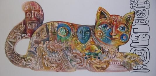 Malerei mit dem Titel "Chat sacré des aztè…" von Oxana Zaika, Original-Kunstwerk