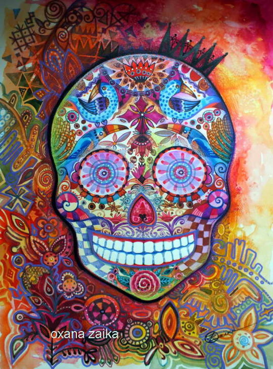 Painting titled "Sugar skull" by Oxana Zaika, Original Artwork, Watercolor