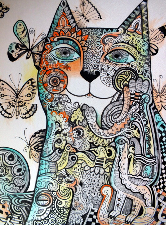 Painting titled "Chat celtique" by Oxana Zaika, Original Artwork, Ink