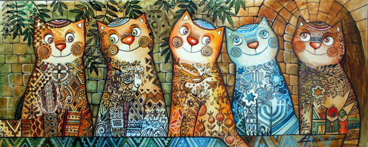 Painting titled "Chats de Jerusalem*" by Oxana Zaika, Original Artwork, Watercolor